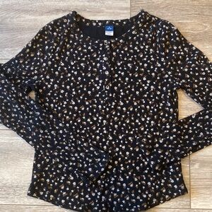 Old Navy Black Floral Ribbed Long-Sleeve Henley Top